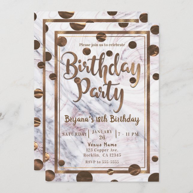 Rose Gold Marble Bronze Copper Birthday Party Invitation (Front/Back)