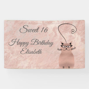 Rose gold marble funny whimsy cat sweet 16 party banner