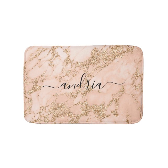 Rose Gold Marble Glitter, Black Script Name Bath Mat (Front)