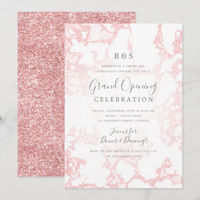 Rose Gold Marble Glitter Corporate Grand Opening  Invitation (Front/Back)