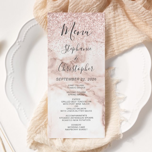 Rose Gold Marble Glitter Elegant Wedding Menu (Creator Uploaded)