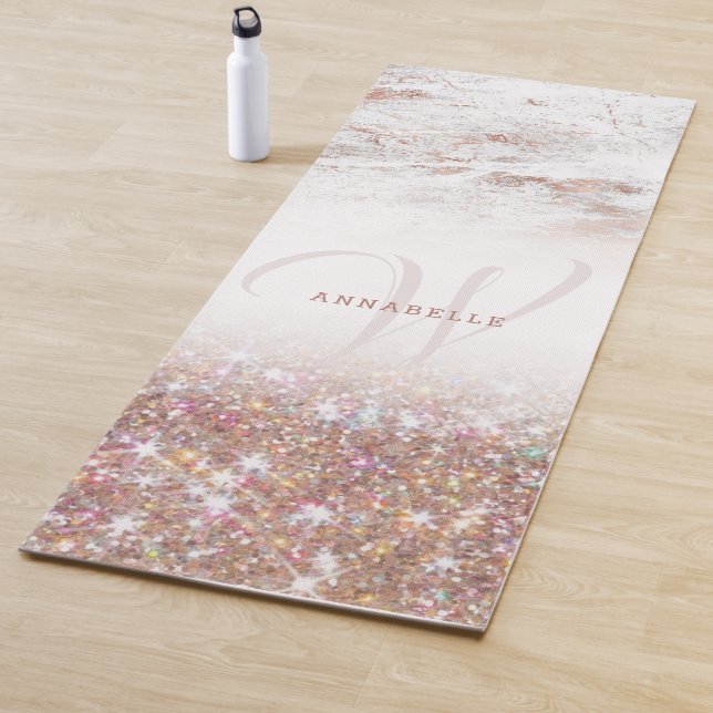 Rose Gold Marble & Glitter Monogram  Yoga Mat (In Situ)