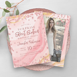 Rose Gold Marble Glitter Photo SURPRISE Sweet 16   Invitation