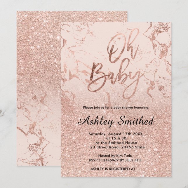 Rose gold marble glitter pink ombre Oh baby shower Invitation (Front/Back)