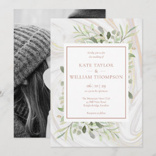 Rose Gold Marble Greenery Photo Wedding Invitation