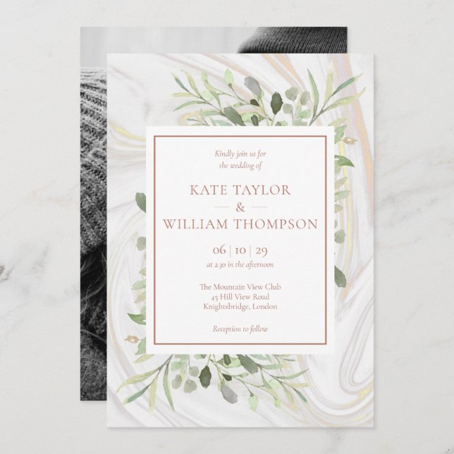 Rose Gold Marble Greenery Photo Wedding Invitation (Front/Back)