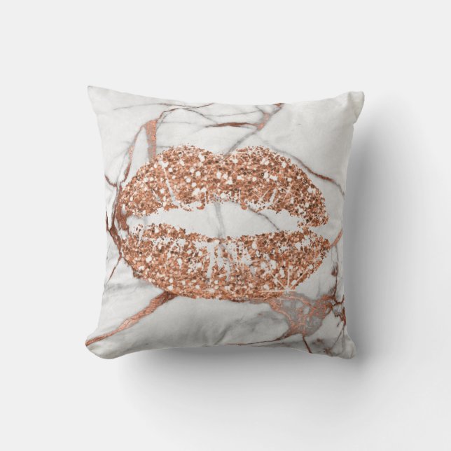 Rose Gold Marble Kiss Lips Makeup Copper Cushion (Front)