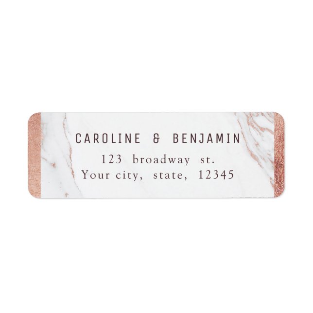 Rose gold marble modern wedding return address label (Front)