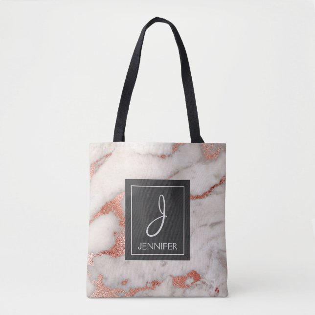 Rose Gold Marble Monogram Book Bag (Front)