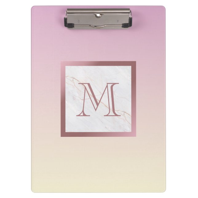 Rose Gold Marble Monogram Pink Ombre Clipboard (Front)