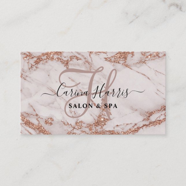 Rose Gold Marble Monogram Salon Business Card (Front)