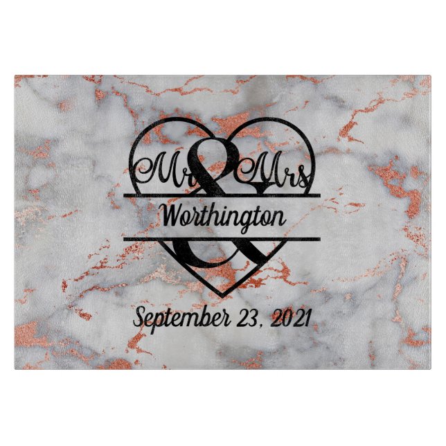 Rose Gold Marble Mr. and Mrs. Heart Wedding Gift Cutting Board (Front)