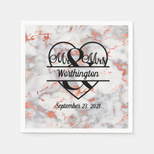 Rose Gold Marble Mr. and Mrs. Heart Wedding Napkin