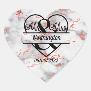 Rose Gold Marble Mr. and Mrs. Heart Wedding  Sticker