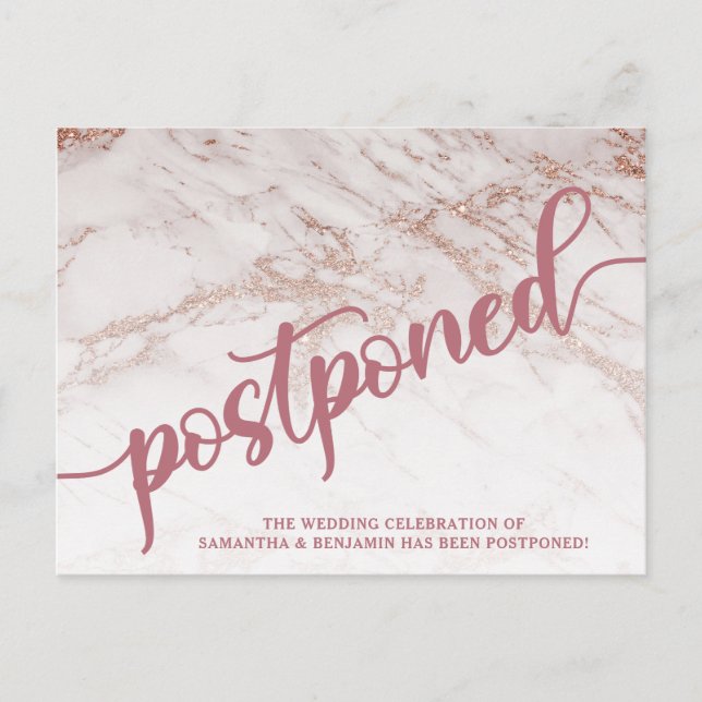 Rose Gold Marble Postponed Wedding Announcement Postcard (Front)