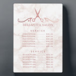 Rose Gold Marble Salon Price Menu Plaque<br><div class="desc">Elevate your salon’s decor with this elegant price menu plaque, featuring a chic rose gold scissors design atop a soft marble background. Ideal for beauty salons, hair stylists, and spa services, this customisable plaque provides a stylish way to display your service offerings. The luxurious rose gold and marble combination adds...</div>