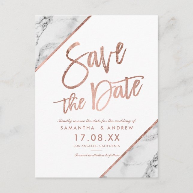 Rose gold marble script white save the date announcement postcard (Front)