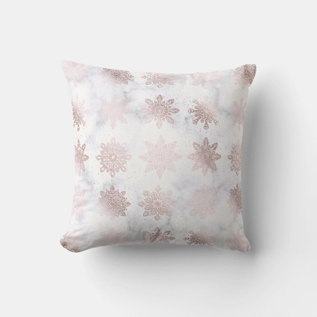 Rose Gold & Marble Snowflake Christmas Pattern Cushion (Front)