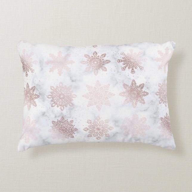 Rose Gold & Marble Snowflake Christmas Pattern Decorative Cushion (Front)
