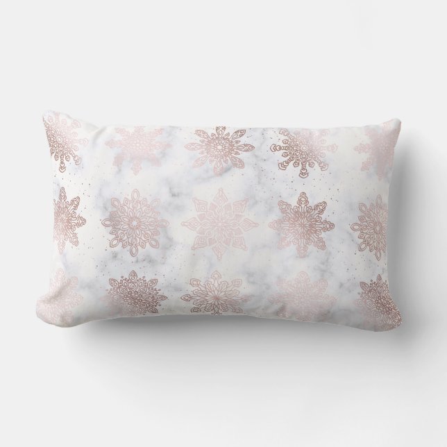 Rose Gold & Marble Snowflake Christmas Pattern Lumbar Cushion (Front)