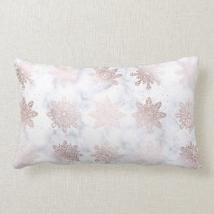 Rose Gold & Marble Snowflake Christmas Pattern Lumbar Cushion