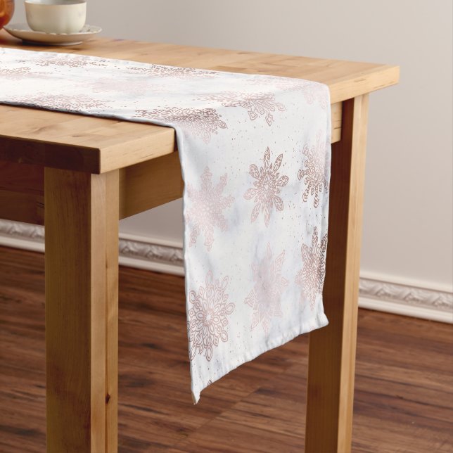 Rose Gold & Marble Snowflake Christmas Pattern Short Table Runner (In Situ)