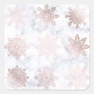 Rose Gold & Marble Snowflake Christmas Pattern Square Sticker