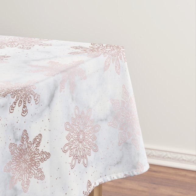 Rose Gold & Marble Snowflake Christmas Pattern Tablecloth (In Situ)