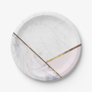 Rose Gold Marble Swirl & Blush Pink Bronze Glam Paper Plate