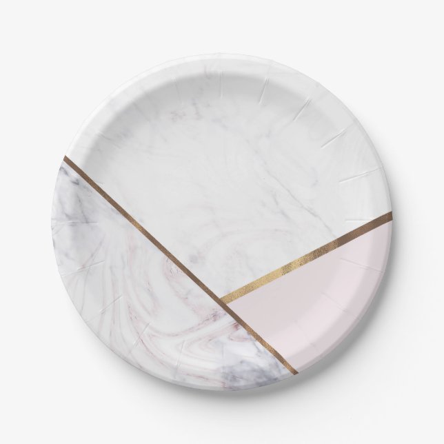 Rose Gold Marble Swirl & Blush Pink Bronze Glam Paper Plate (Front)