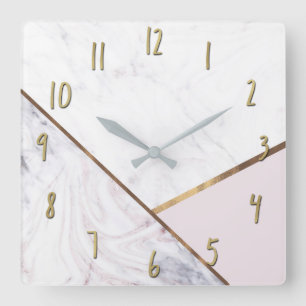 Rose Gold Marble Swirl & Blush Pink Bronze Glam Square Wall Clock