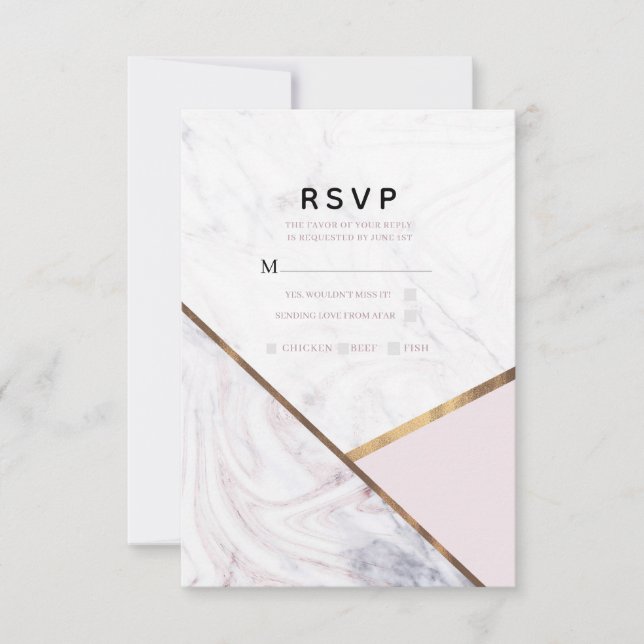 Rose Gold Marble Swirl Blush Pink Wedding RSVP (Front)