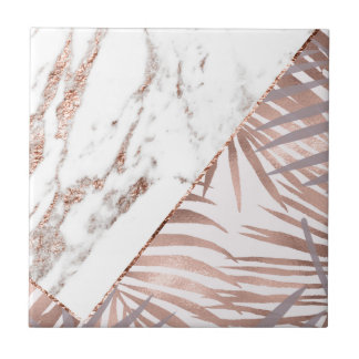 Rose gold marble & tropical ferns ceramic tile