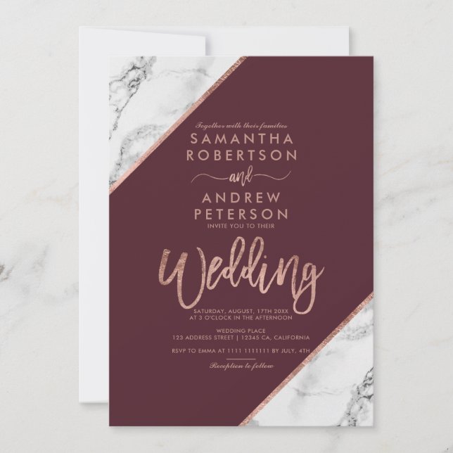 Rose gold marble typography burgundy wedding invitation (Front)