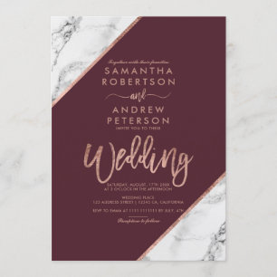 Rose gold marble typography burgundy wedding invitation