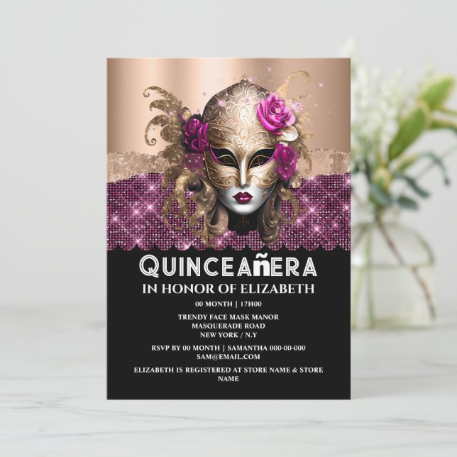 Rose gold masquerade Quinceañera birthday mask 3D Invitation (Standing Front)
