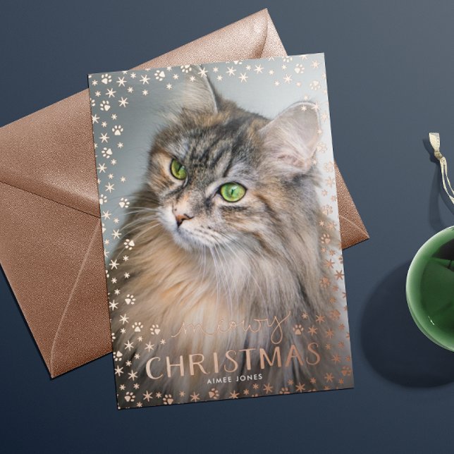 Rose Gold Meowy Christmas Cat Lover Foil Holiday Card (Creator Uploaded)