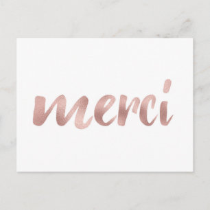 Rose gold merci postcards, thank you, foil font postcard