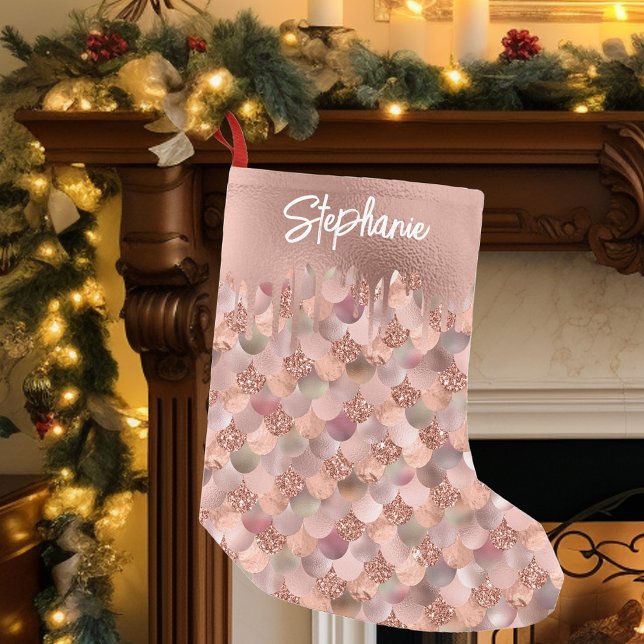 Rose Gold Mermaid Scales Personalized Small Christmas Stocking (Creator Uploaded)