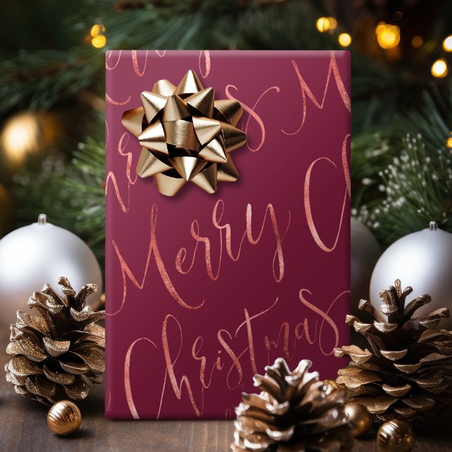 Rose Gold Merry Christmas Calligraphy burgundy Wrapping Paper (Rose Gold Merry Christmas Calligraphy burgundy Wrapping Paper)