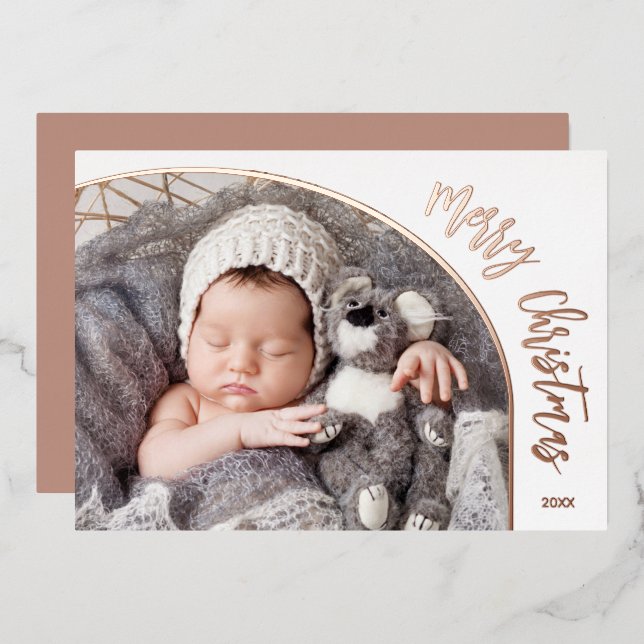 Rose Gold Merry Christmas Script Foil Holiday Card (Front/Back)
