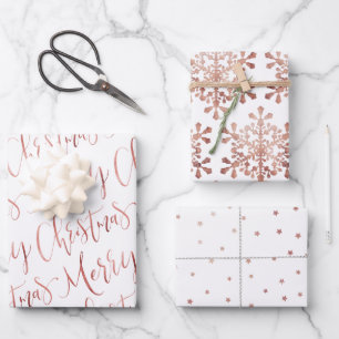 Rose Gold Merry Christmas Script Snowflakes Star Wrapping Paper Sheet