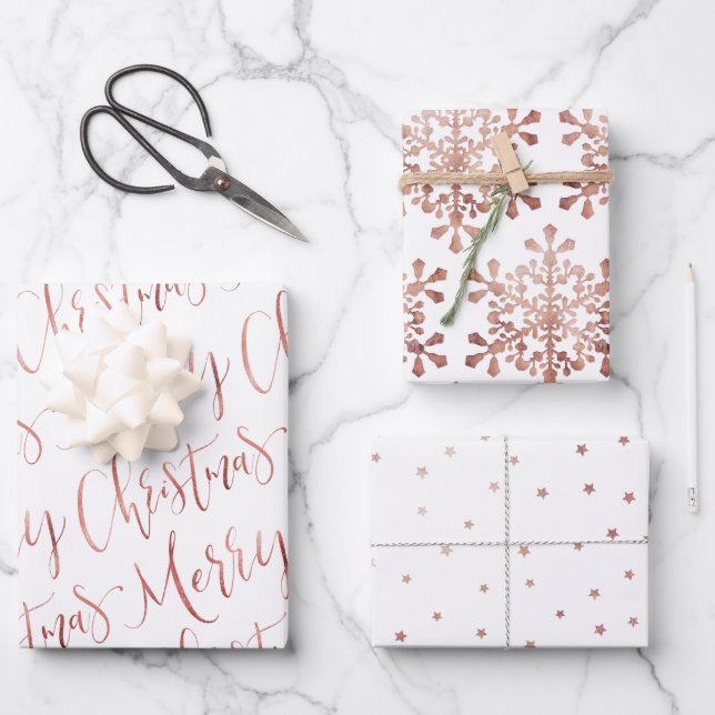 Rose Gold Merry Christmas Script Snowflakes Star Wrapping Paper Sheet (Front)