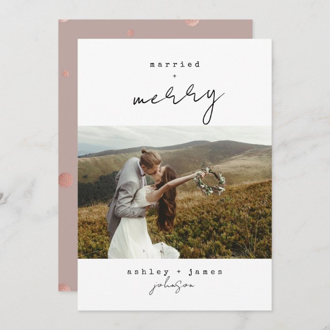 Rose Gold Merry & Married Christmas Photo  Holiday Card (Front/Back)