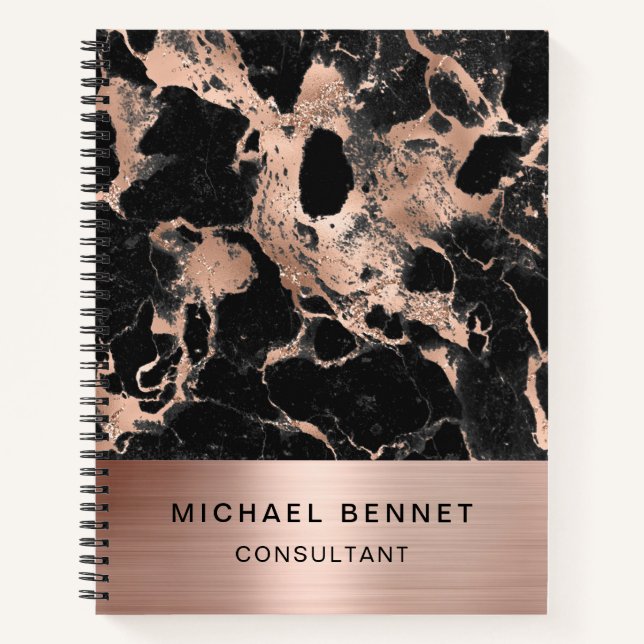 Rose Gold Metal Black Marble Consultant Business Notebook (Front)