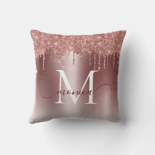 Rose Gold Metal Glitter Drips Monogram Name Cushion