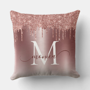 Rose Gold Metal Glitter Drips Monogram Name Cushion