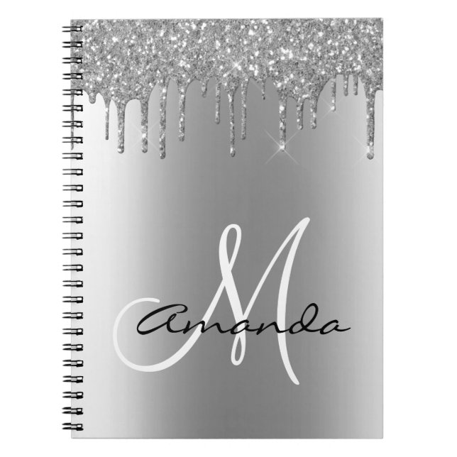 Rose Gold Metal Glitter Drips Monogram Notebook (Front)