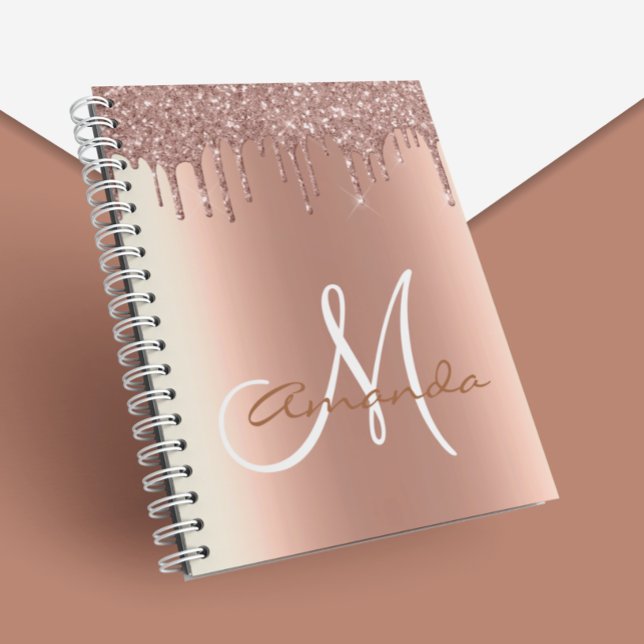 Rose Gold Metal Glitter Drips Monogram Notebook (Creator Uploaded)