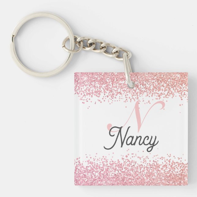 Rose Gold Metal Glitter Monogram Name  Key Ring (Front)